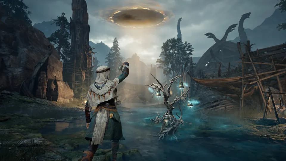 Seer raising a lantern beside a ritual tree