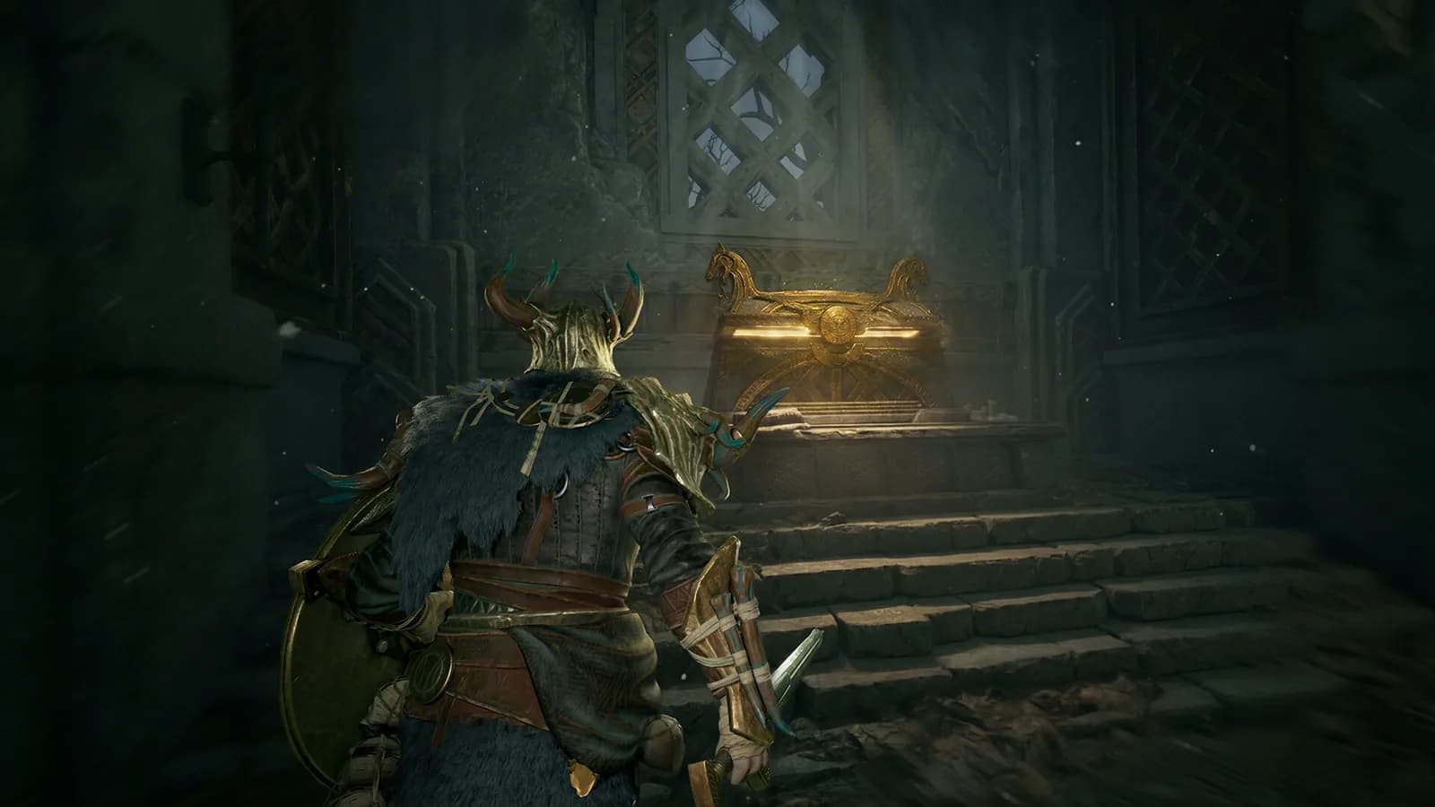 Armored hunter approaching a glowing relic in a dark ruin