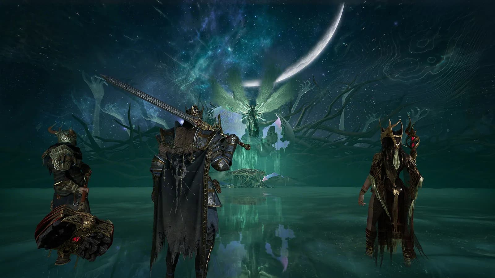 Official Mistfall Hunter screenshot of a hunter crossing a moonlit battlefield
